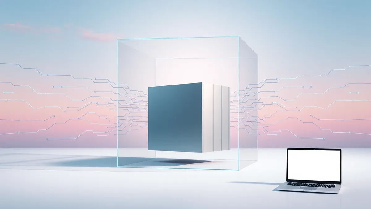 Illustration: A sleek, abstract silver cube representing an autonomous AI agent sits inside a transparent geometric containment structure.