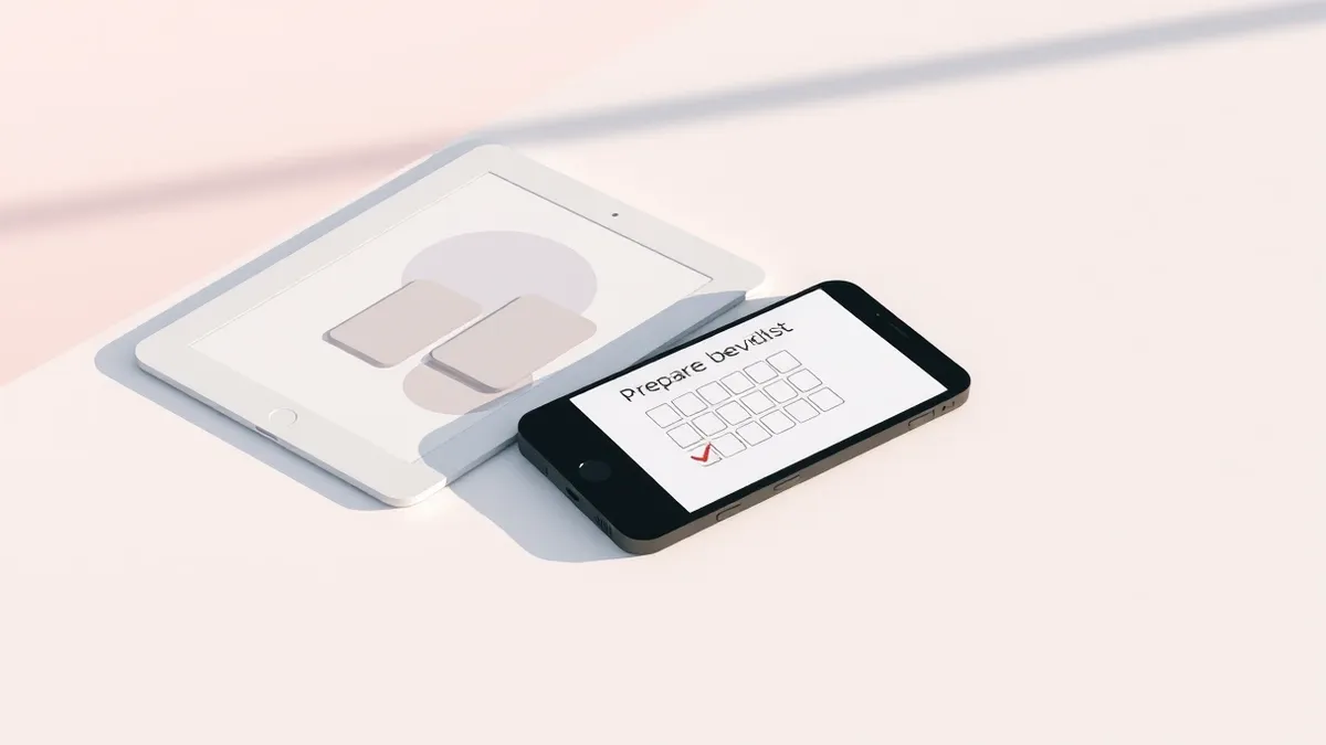 Illustration: A sleek black smartphone rests on a white table next to a blank tablet displaying abstract geometric shapes.