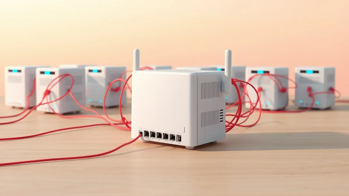 Illustration: A small white internet router sits on a plain wooden surface.