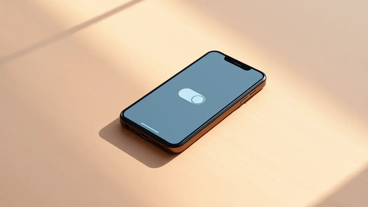 Illustration: A modern smartphone rests on a smooth wooden surface, its screen displaying a minimalist interface with a single large toggle switch and abstract geometric connection