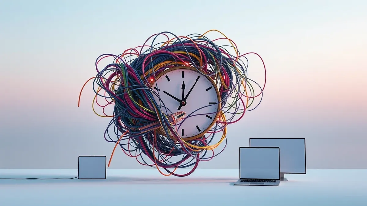 Illustration: A tangled knot of multicolored wires twists into the shape of a clock.