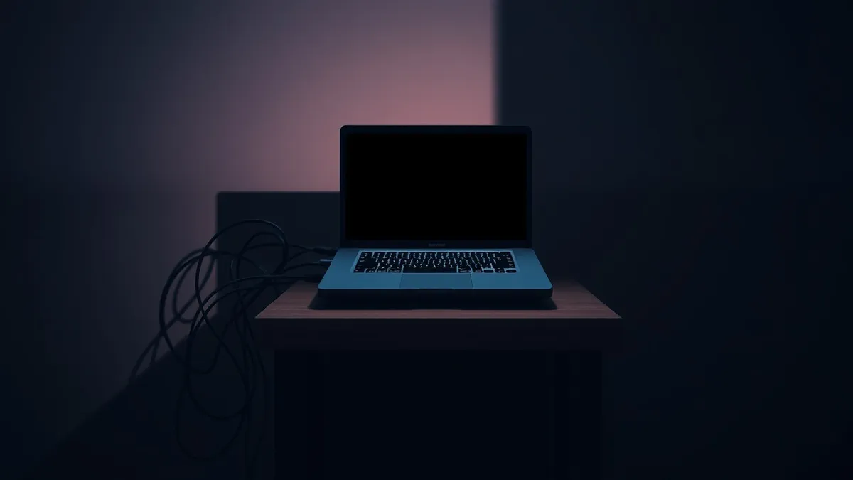 Illustration: A dark room features a single open laptop on a wooden desk, its screen glowing with an abstract black interface.
