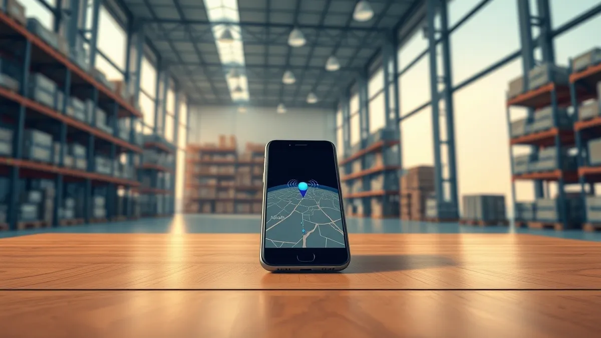 Illustration: A smartphone rests on a wooden table inside a large warehouse with tall shelves.