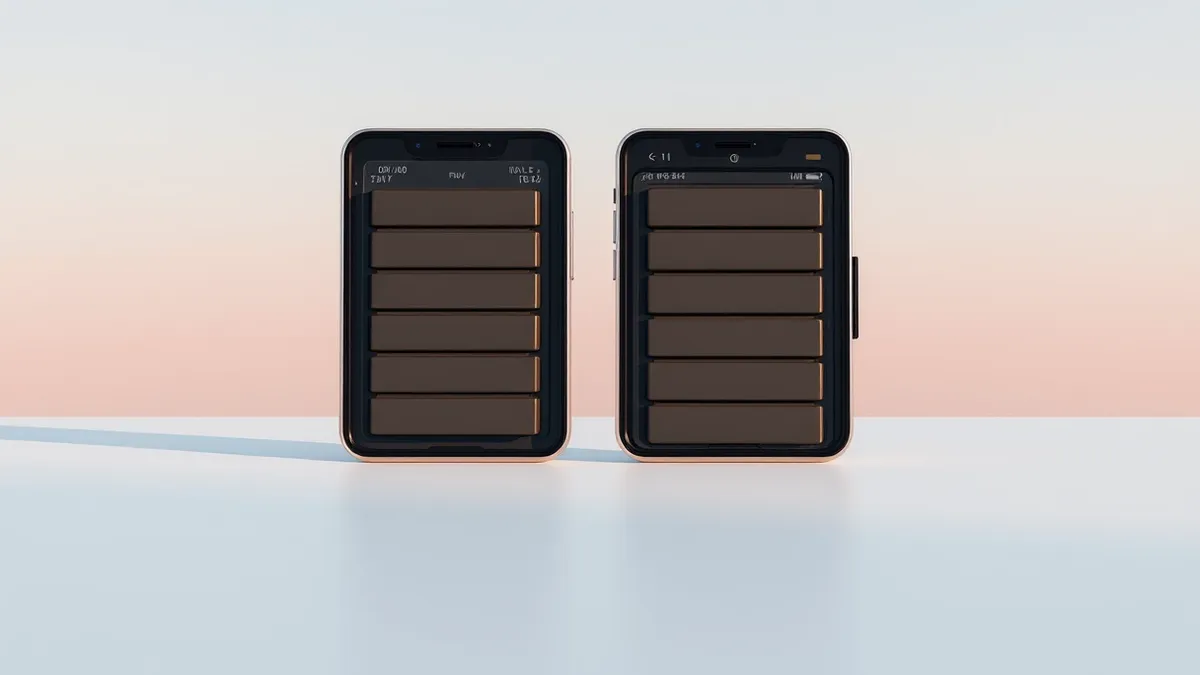 Illustration: Two closed smartphone halves rest side by side on a clean white table, their internal battery cells exposed to reveal thick, rectangular power blocks.