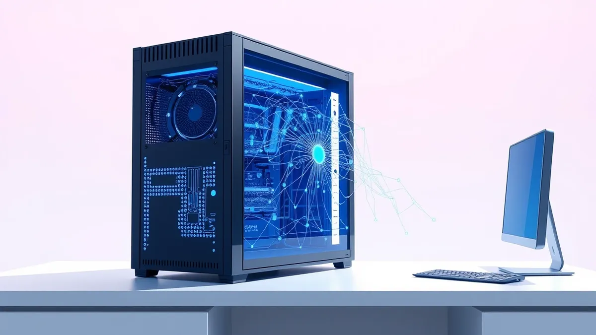 Illustration: A sleek, modern server tower sits on a clean white desk, its front panel displaying a complex web of glowing blue nodes and connecting lines.