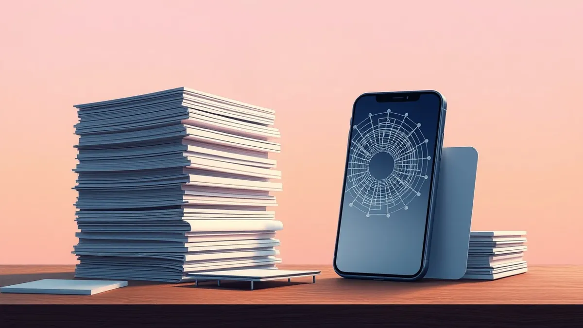 Illustration: A towering stack of blank personnel files sits precariously on a desk beside a sleek, generic smartphone.