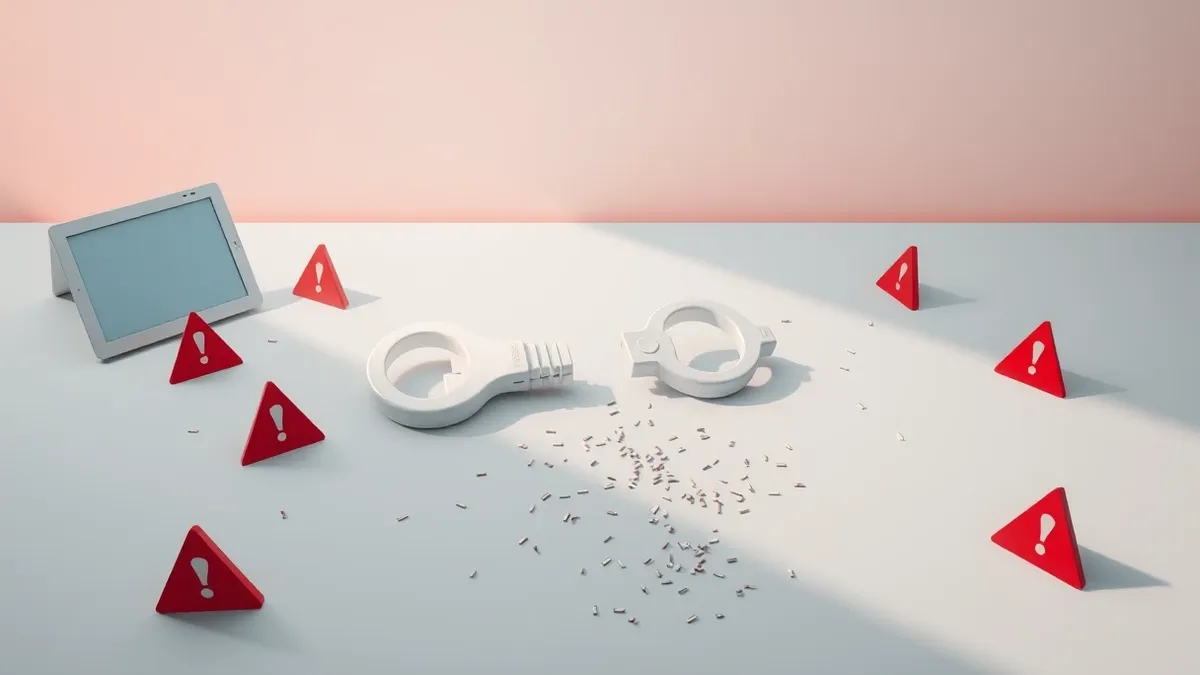 Illustration: A single white plastic key lies on a sterile gray desk, surrounded by red warning triangles and scattered digital fragments.