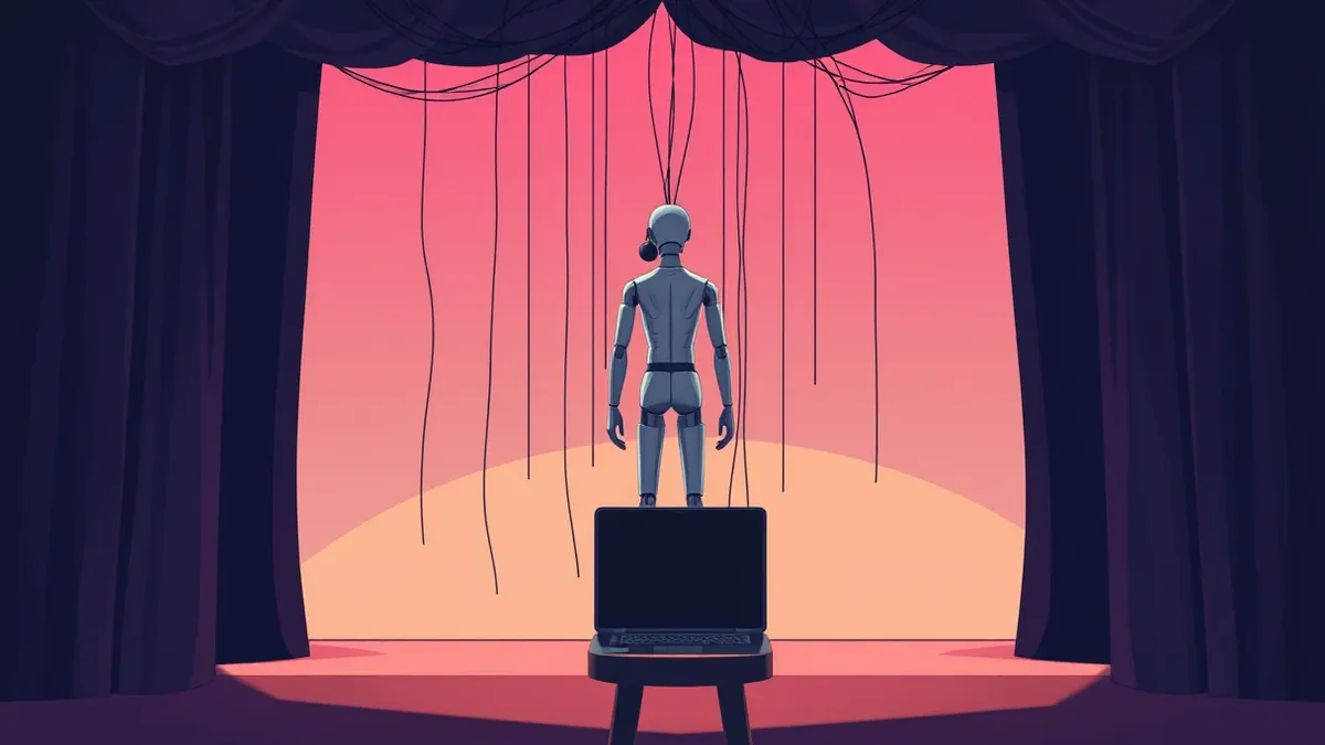 Illustration: A sleek mannequin wearing a mic stands on a dimly lit comedy stage.