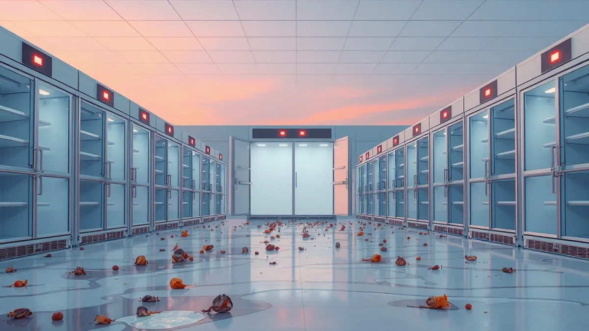 Illustration: A row of empty commercial refrigerator doors stands open in a vast supermarket aisle.