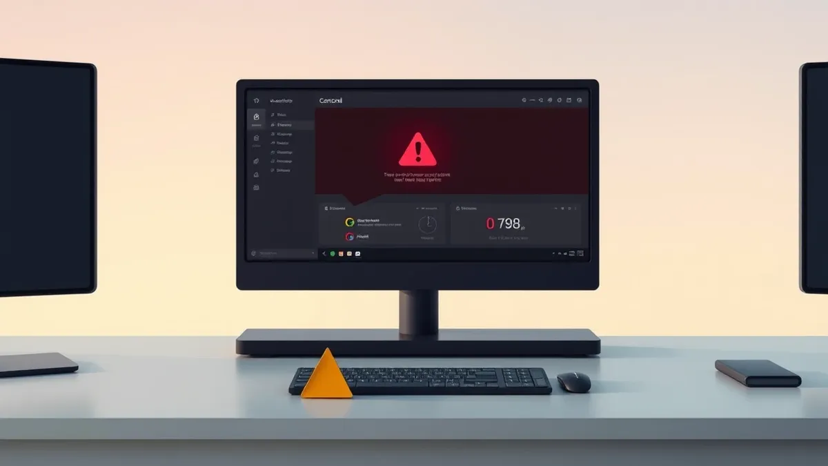 Illustration: A sleek black console sits on a clean desk, its screen displaying a stark red warning symbol over a blank dashboard interface.