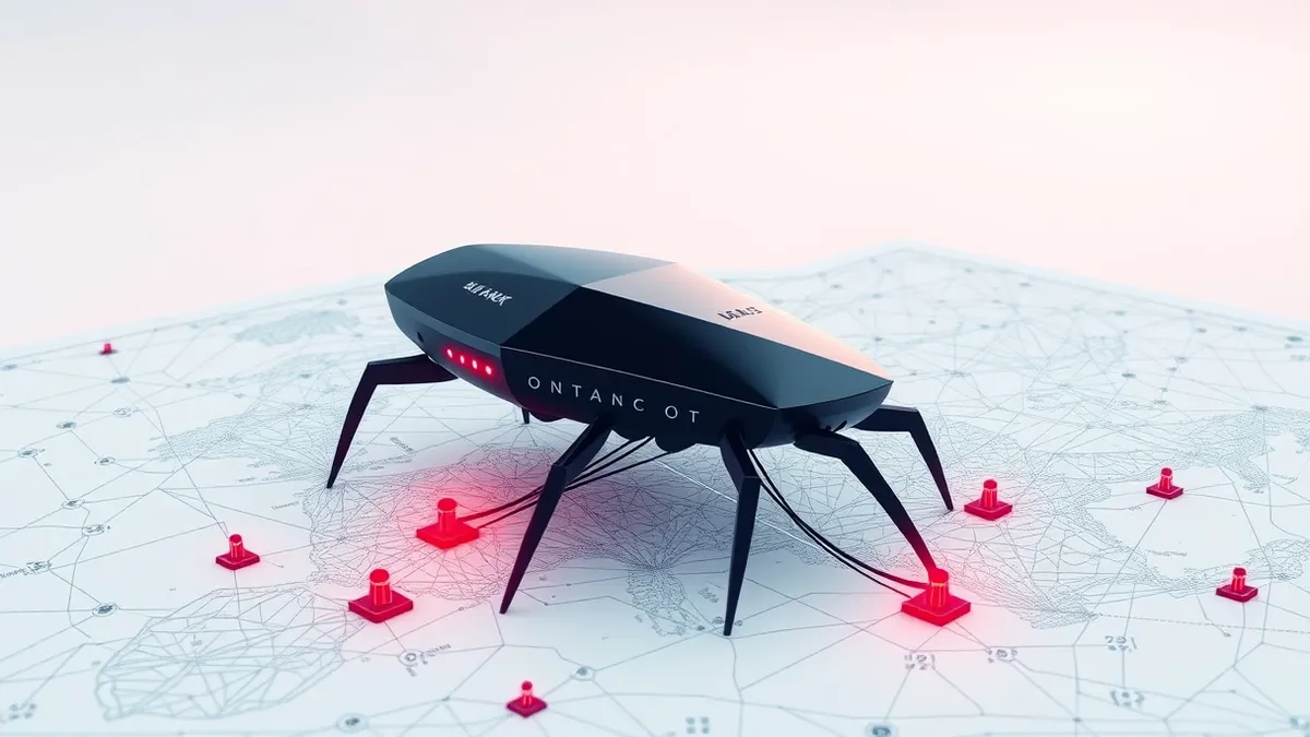 Illustration: A sleek black autonomous probe crawls across a wireframe map of a bank’s network, highlighting critical vulnerabilities with pulsing red nodes.