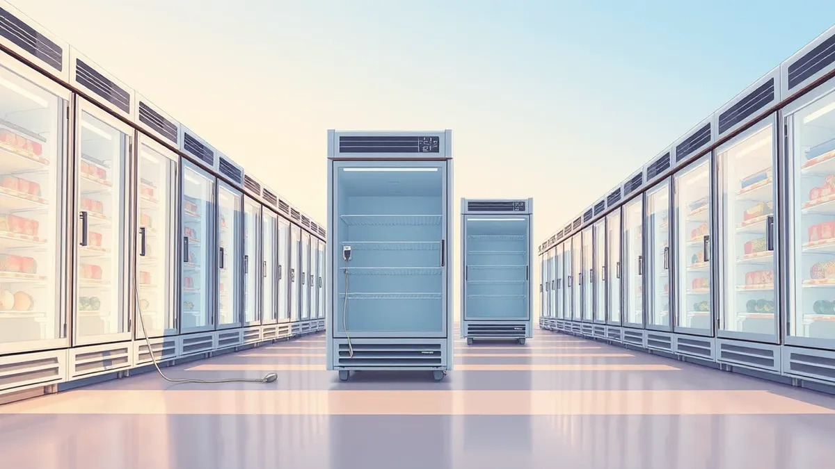 Illustration: A row of commercial refrigeration units sits empty in a supermarket aisle.