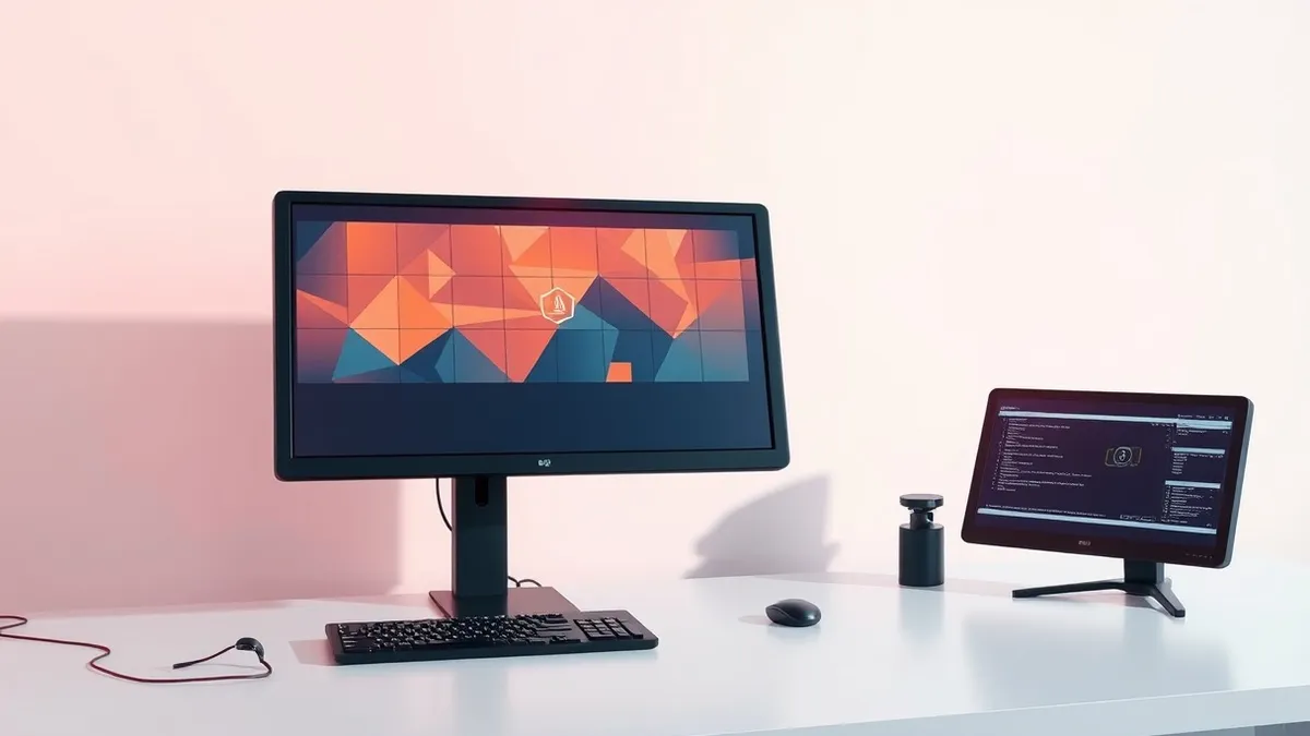 Illustration: A sleek black security console sits on a clean desk, its large monitor displaying a grid of abstract orange and blue geometric shapes.