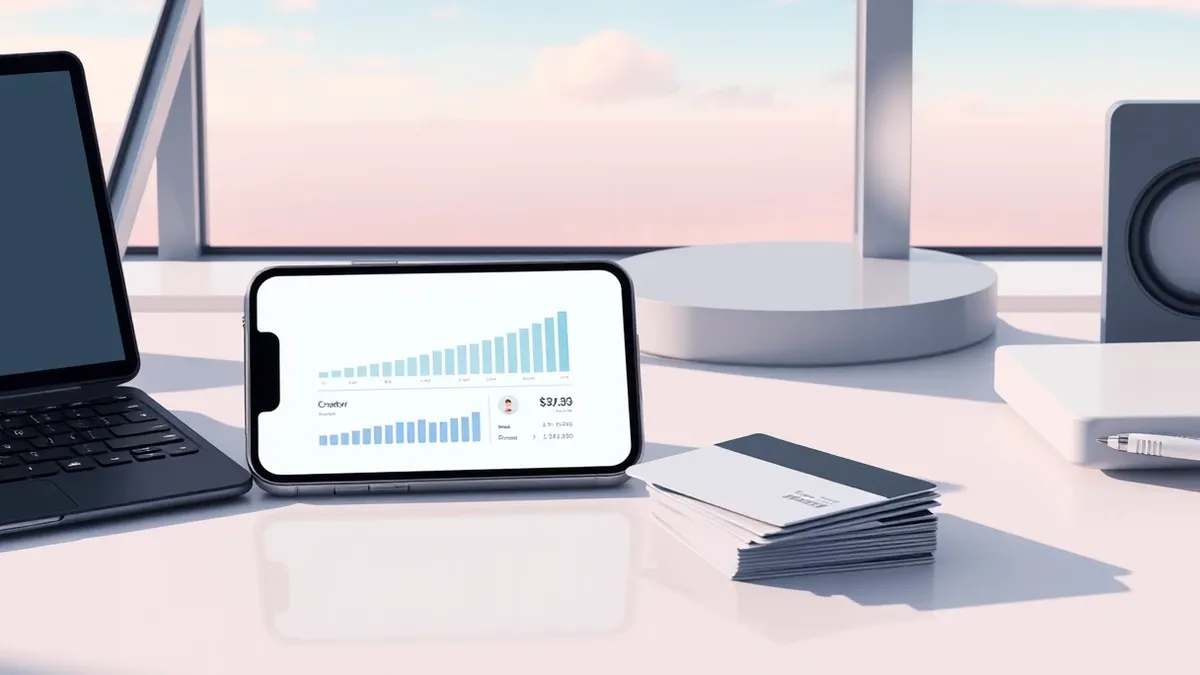 Illustration: A sleek smartphone displays a blank application interface with abstract financial charts and a stylized creator profile icon.