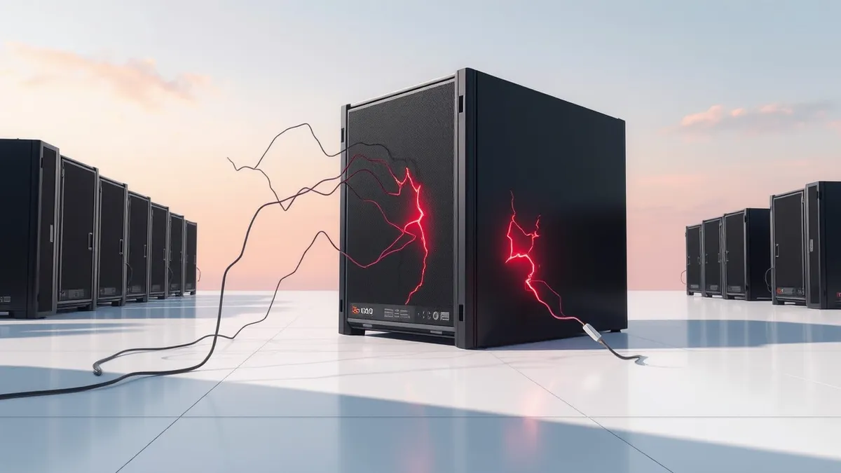 Illustration: A sleek black server unit sits on a clean white floor as invisible digital tendrils probe its ports and cables.