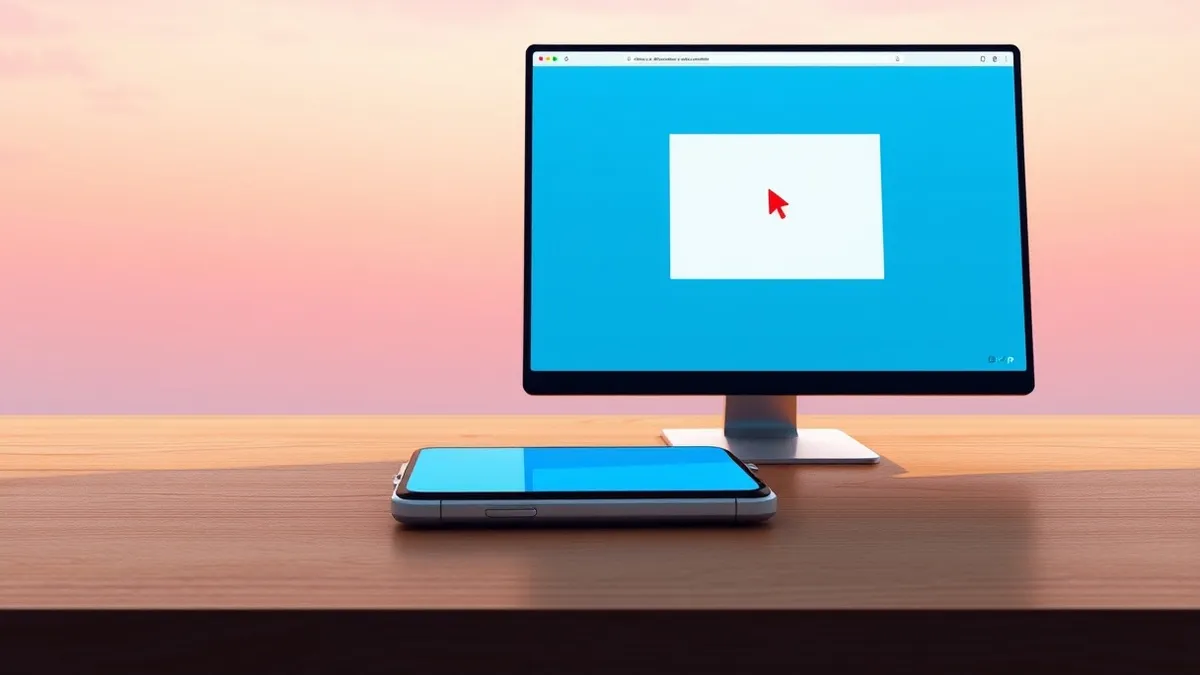 Illustration: A generic smartphone rests on a wooden desk beside a desktop computer monitor.