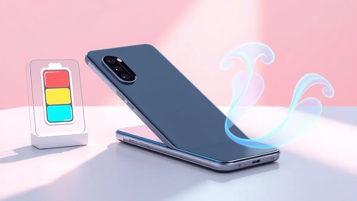 Illustration: A sleek smartphone rests on a clean desk next to a stylized battery icon and a glowing heat map.