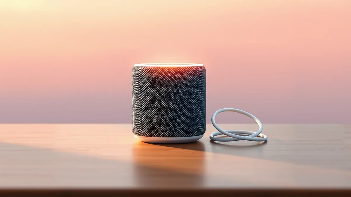 Illustration: A small cylindrical smart speaker with a mesh fabric exterior sits on a polished wooden surface.