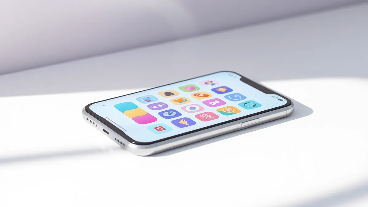Illustration: A sleek silver smartphone rests on a clean white desk, its screen displaying a colorful grid of abstract game icons with soft rounded corners and vibrant pastel shape