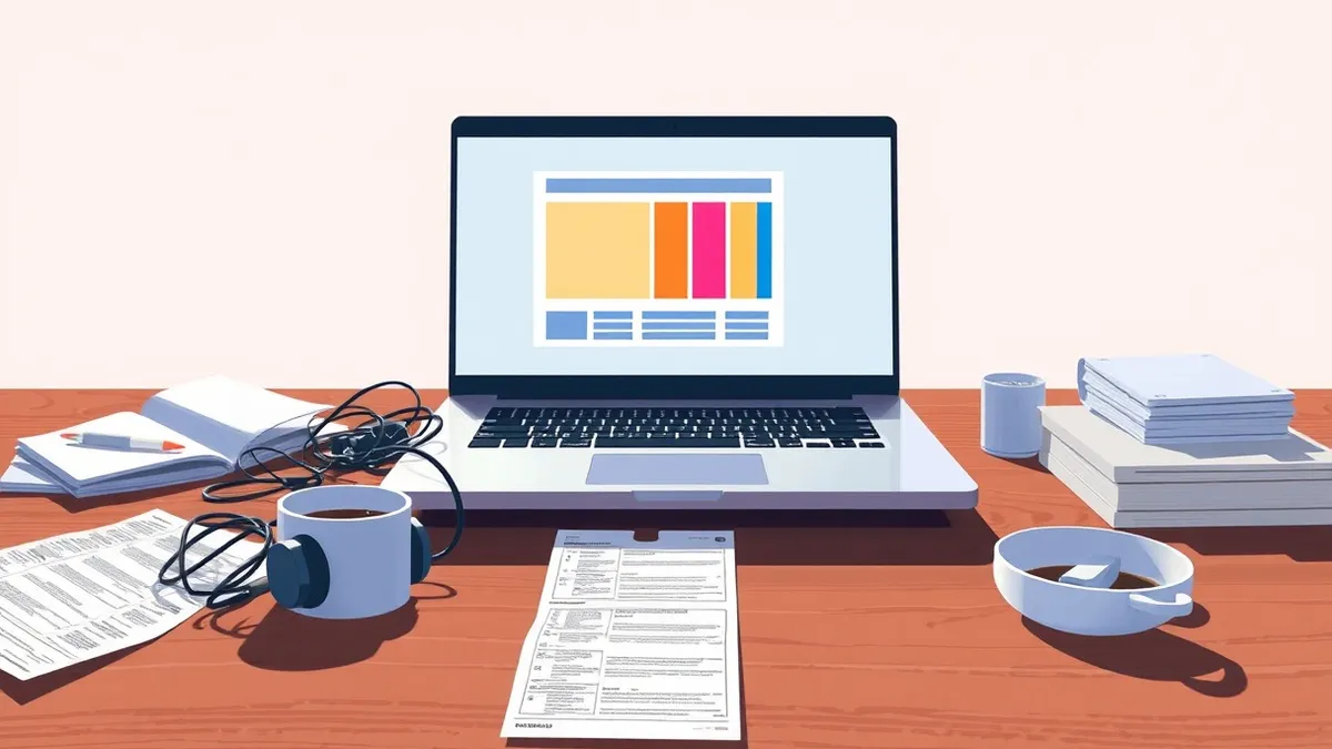 Illustration: A silver laptop sits open on a cluttered wooden desk beside a scattered boarding pass and a tangled pair of headphones.