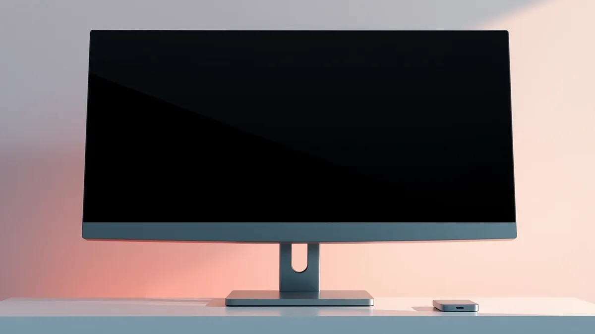 Illustration: A sleek desktop monitor sits on a minimalist desk, its glossy black screen displaying faint, ghostly outlines of static interface elements.