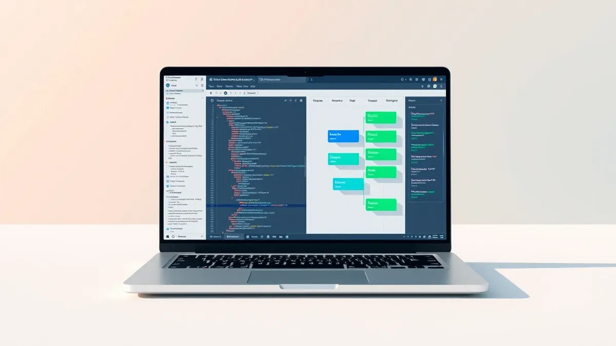 Illustration: A sleek laptop screen displays a split-screen interface with code on the left and a colorful Kanban board on the right.