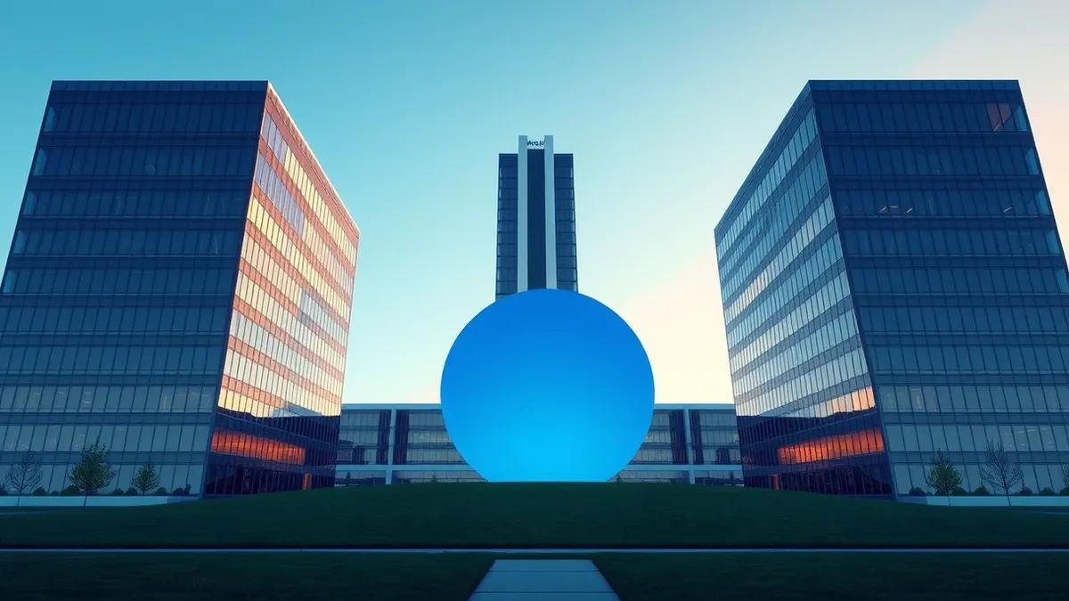 Illustration: A sleek, modern office building stands under a clear blue sky, with a large abstract blue geometric sculpture resembling a digital coin on its lawn.