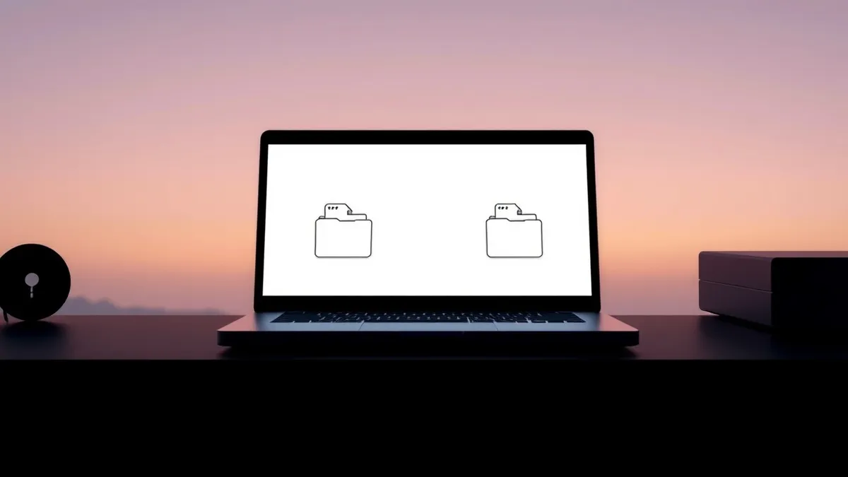 Illustration: A single laptop sits open on a dark desk, its screen glowing with a stark white interface.