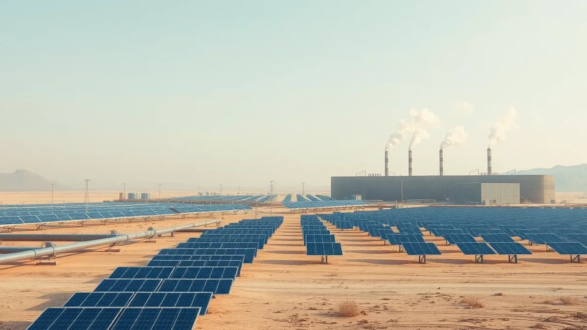 Illustration: A sprawling network of steel gas pipelines cuts across a dry desert landscape toward a row of massive, windowless data center buildings.