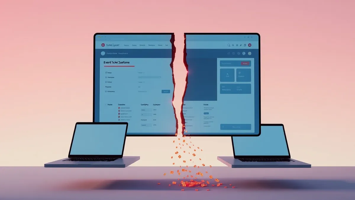 Illustration: A generic event ticketing software interface floats in mid-air with a jagged, dark crack splitting its central window.