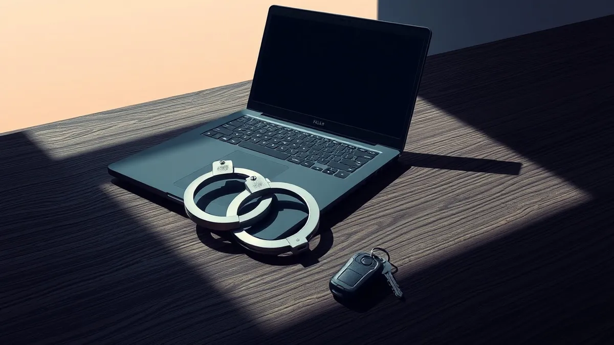 Illustration: A pair of handcuffs rests on a dark wooden table next to a closed black laptop and a set of car keys.