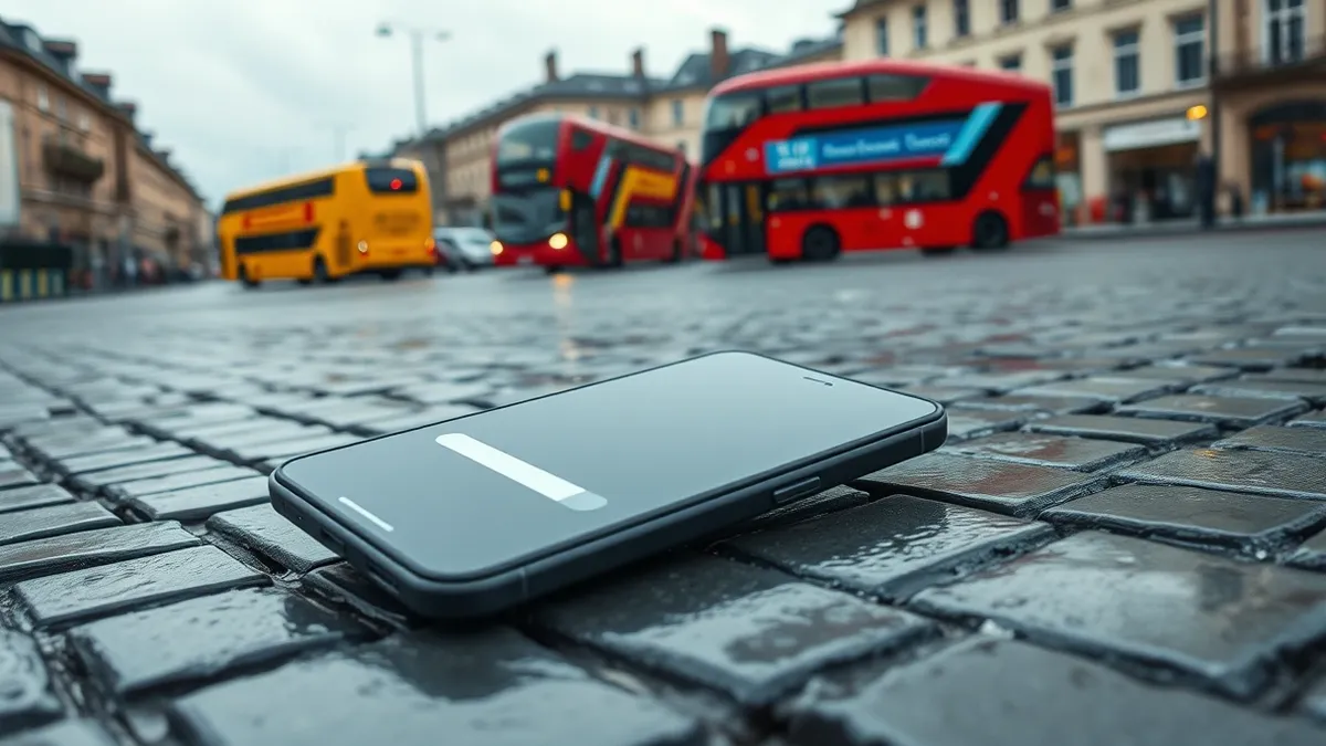 Illustration: A smartphone lies on a rain-slicked cobblestone street in a grey urban plaza.
