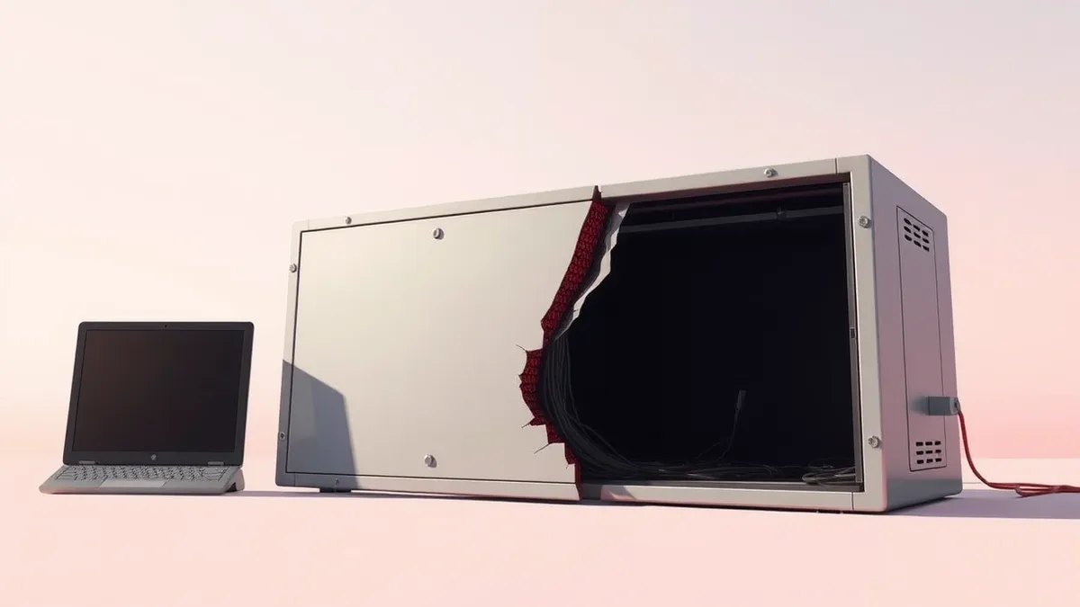 Illustration: A cracked security console with a jagged split reveals a dark void.