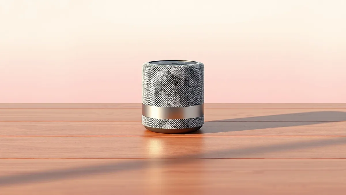 Illustration: A sleek cylindrical portable Bluetooth speaker rests on a polished wooden tabletop.