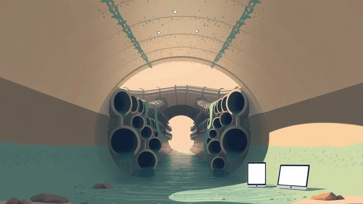Illustration: A sprawling underground tunnel connects thousands of hollow pipes, each pulsing with dirty water that filters through murky sediment before emerging clean and clear a