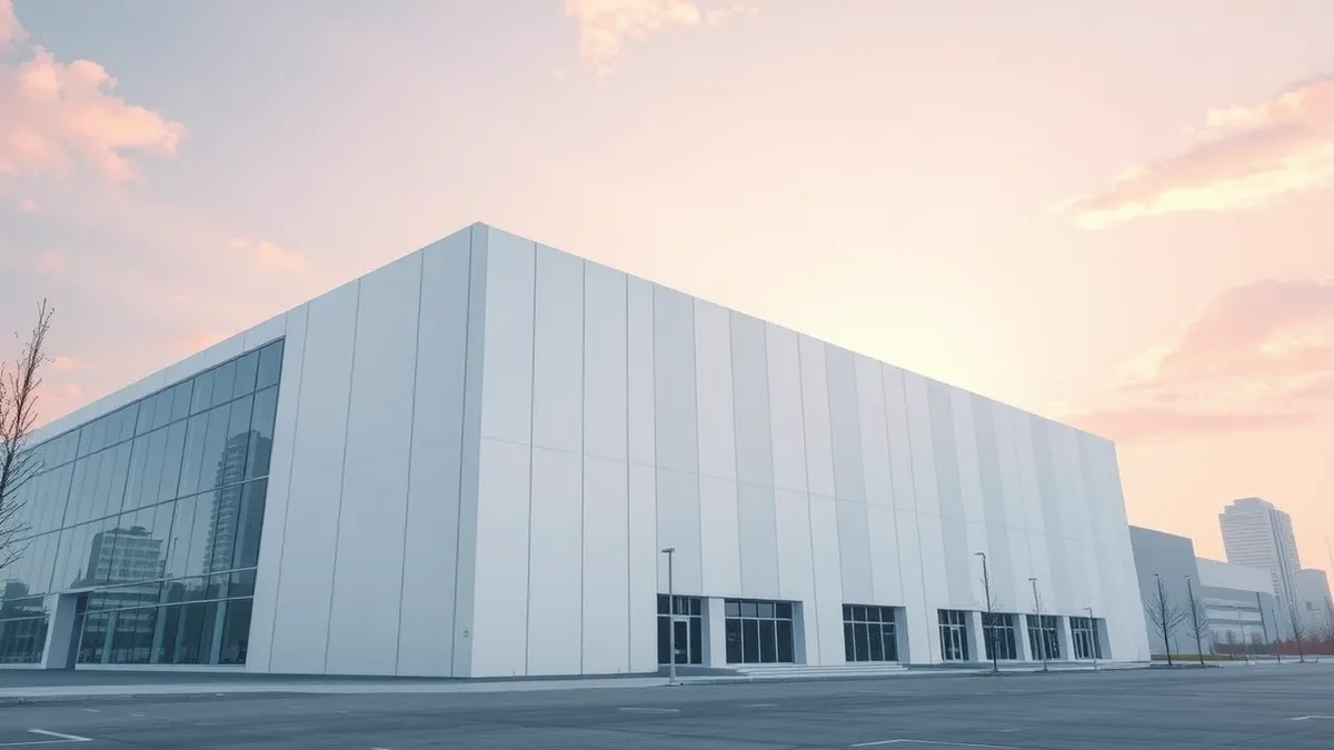 Illustration: A sleek white industrial building stands under a bright sky in an urban setting.