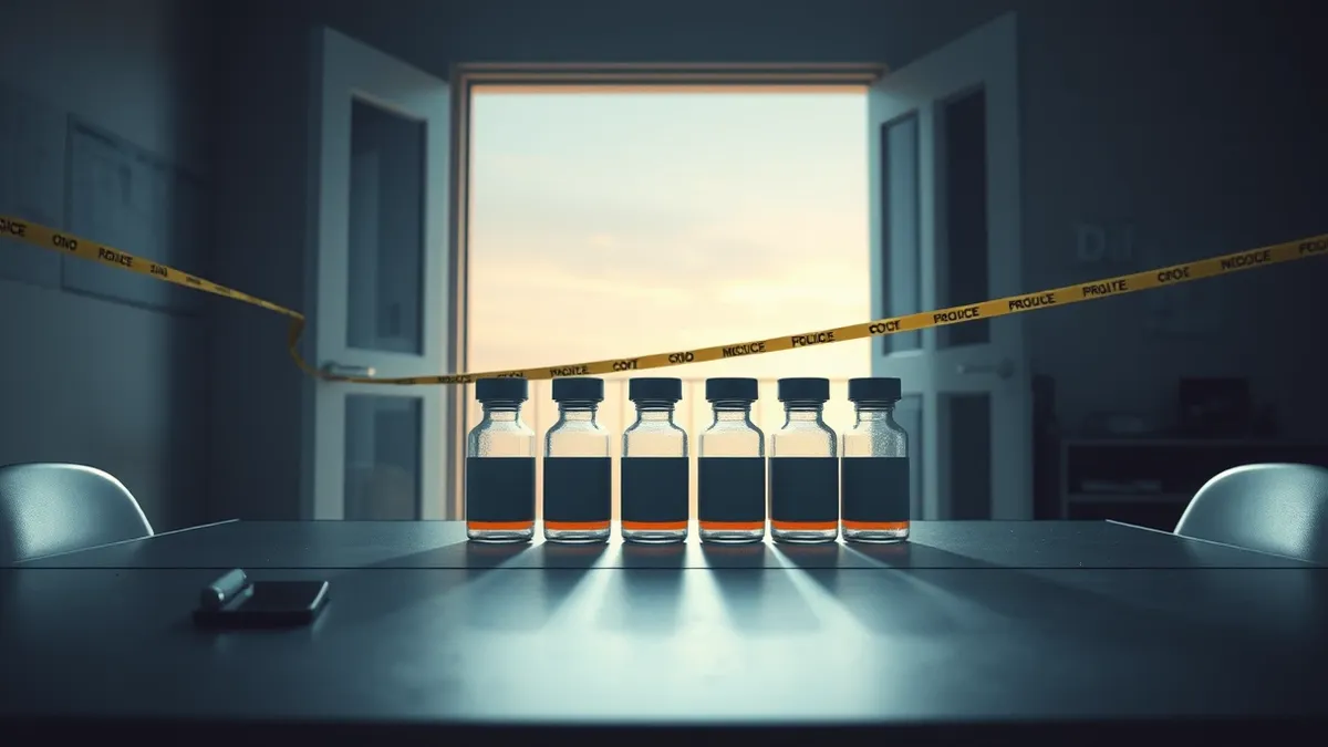 Illustration: A row of unmarked medicine vials sits on a sterile metal table inside a raided office.