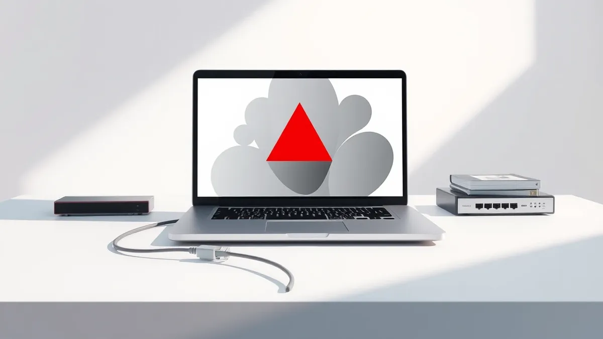 Illustration: A sleek silver laptop sits on a clean white desk, its screen displaying a stark red warning triangle amidst soft gray abstract shapes.