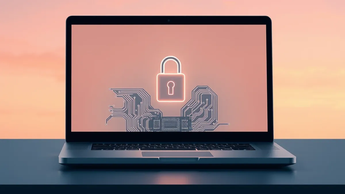 Illustration: An open laptop lies open on a desk, its motherboard exposed and glowing softly with intricate circuit patterns.