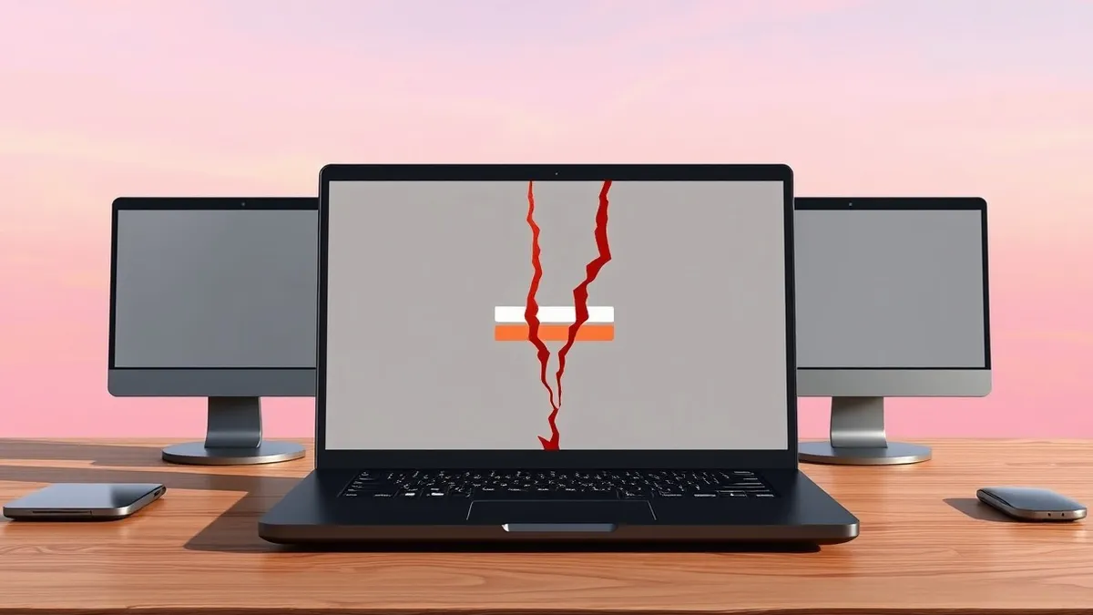 Illustration: A sleek black laptop sits on a wooden desk with its screen displaying a blank, empty login prompt.