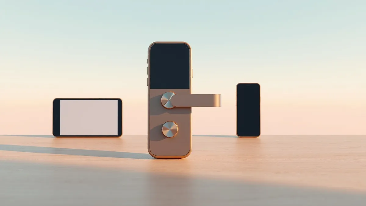 Illustration: A modern smart door lock sits on a wooden surface with a distinct manual power dial attached to its side.