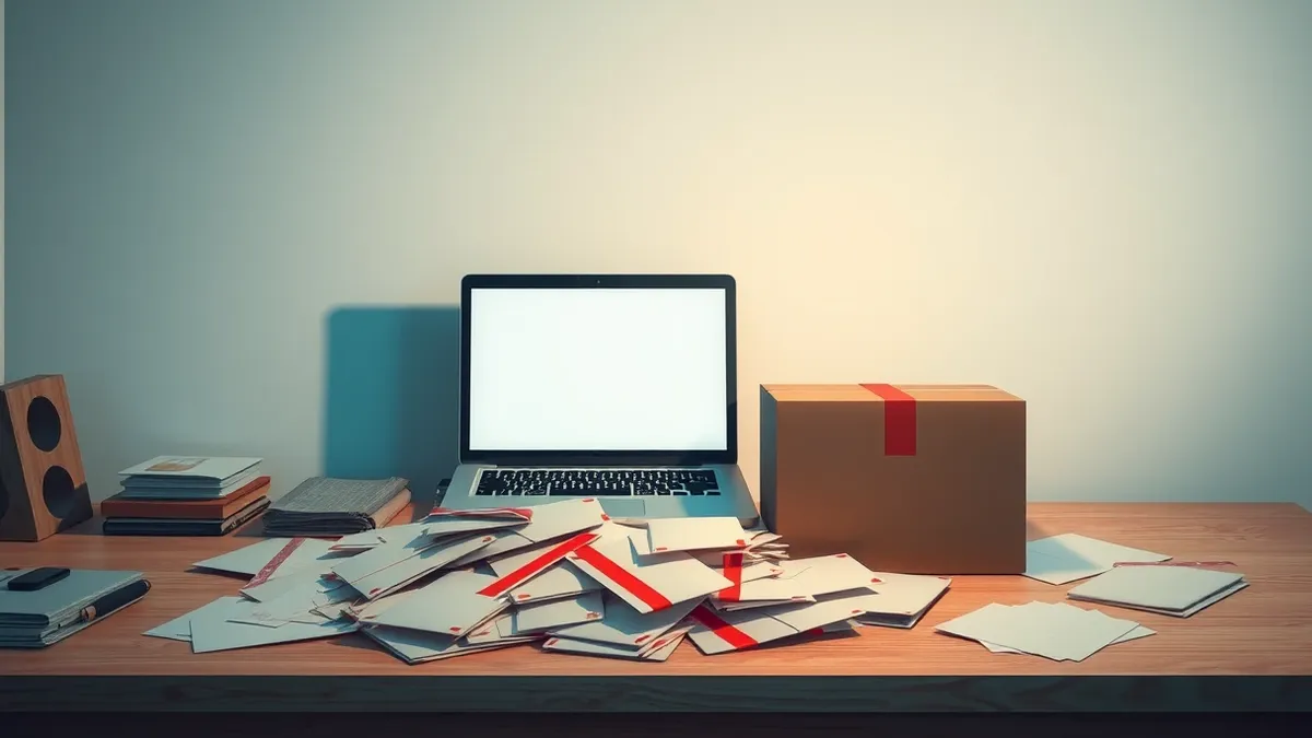 Illustration: A single open laptop sits on a cluttered desk, its blank screen casting a cool glow on a scattered pile of unmarked envelopes and a sealed cardboard box.