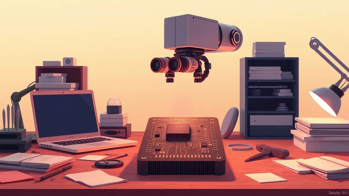 Illustration: A cluttered desk holds a glowing laptop and scattered sticky notes, while a robotic arm with optical sensors hovers over a printed circuit board, its lenses zooming i