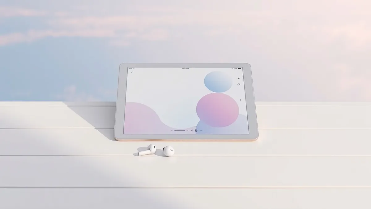 Illustration: A silver tablet rests on a white wooden surface next to a pair of wireless earbuds.