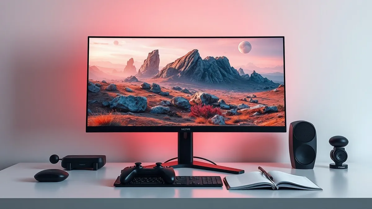 Illustration: A sleek black gaming monitor sits on a minimalist desk, displaying a vibrant, photorealistic battlefield scene with detailed rocky terrain and dynamic lighting.
