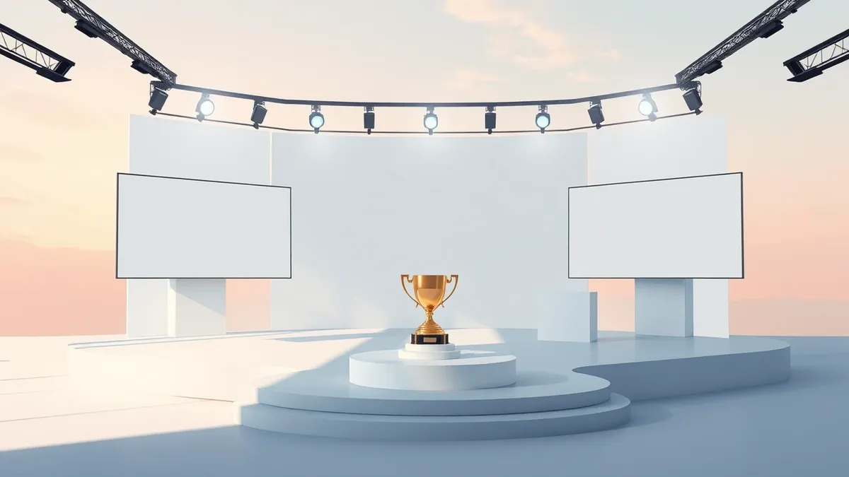 Illustration: A sleek modern stage features five minimalist podiums arranged in a semi-circle under bright spotlights.