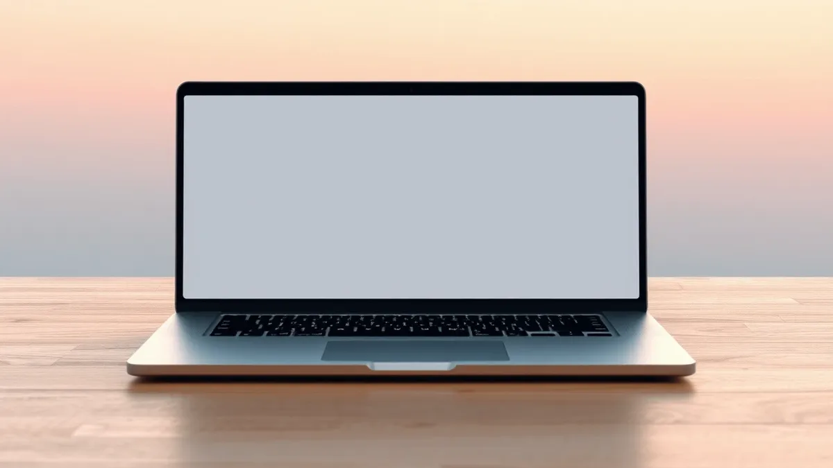 Illustration: A sleek silver laptop rests open on a clean wooden desk, its blank screen reflecting soft ambient light.