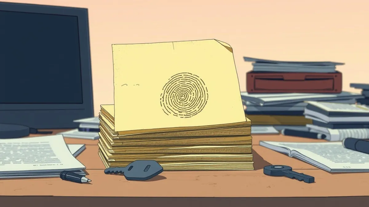 Illustration: A stack of worn sticky notes sits on a cluttered desk, each bearing a faint, scribbled pattern that resembles a faded fingerprint.