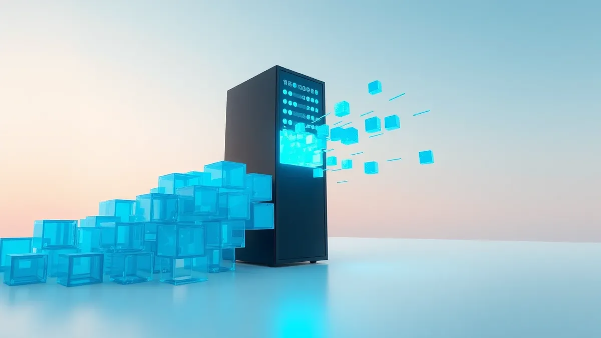Illustration: A sleek black server tower emits a stream of translucent blue geometric blocks.