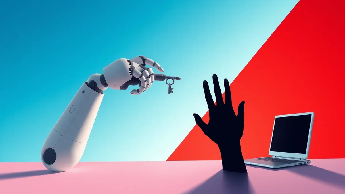Illustration: A sleek white robot arm extends from the left side of the frame, offering a digital key to a shadowed human hand emerging from darkness on the right.